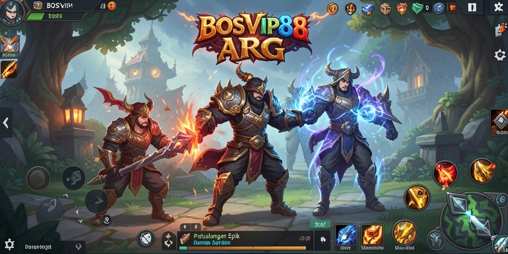 Tangkapan layar gameplay BOSVIP88 menampilkan pertarungan epik di dunia fantasi.