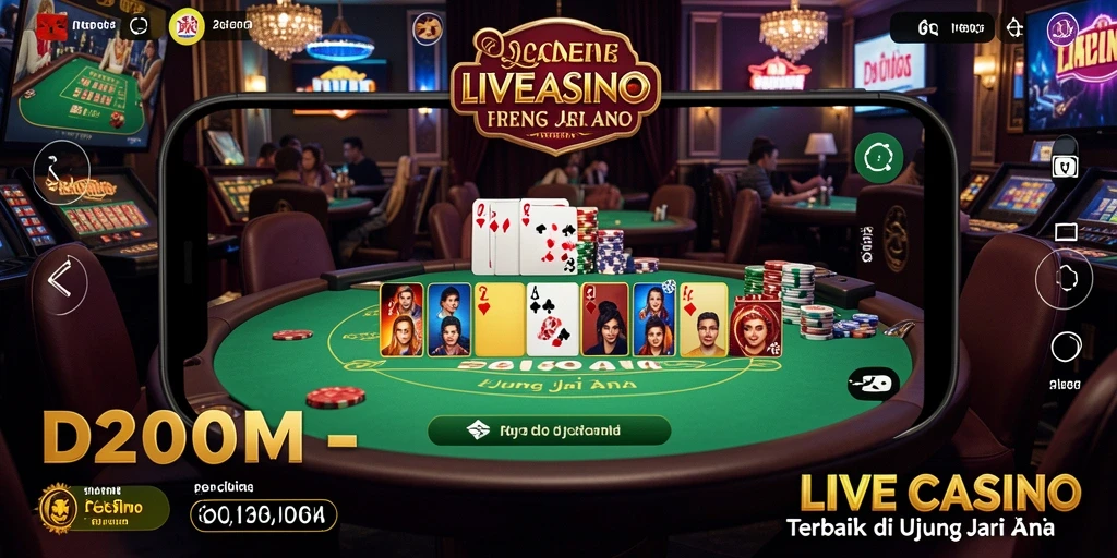 Screenshot gameplay D200M menampilkan dealer langsung dan suasana permainan.
