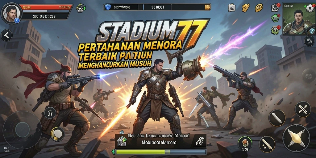 Screenshot STADIUM77 menampilkan menara yang siap melawan gelombang musuh.